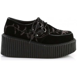 Embroidered Floral Black Faux Suede Womens Creeper