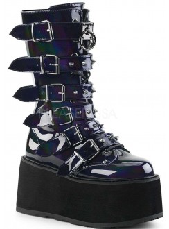 Damned Black Hologram Buckled Gothic Boots for Women