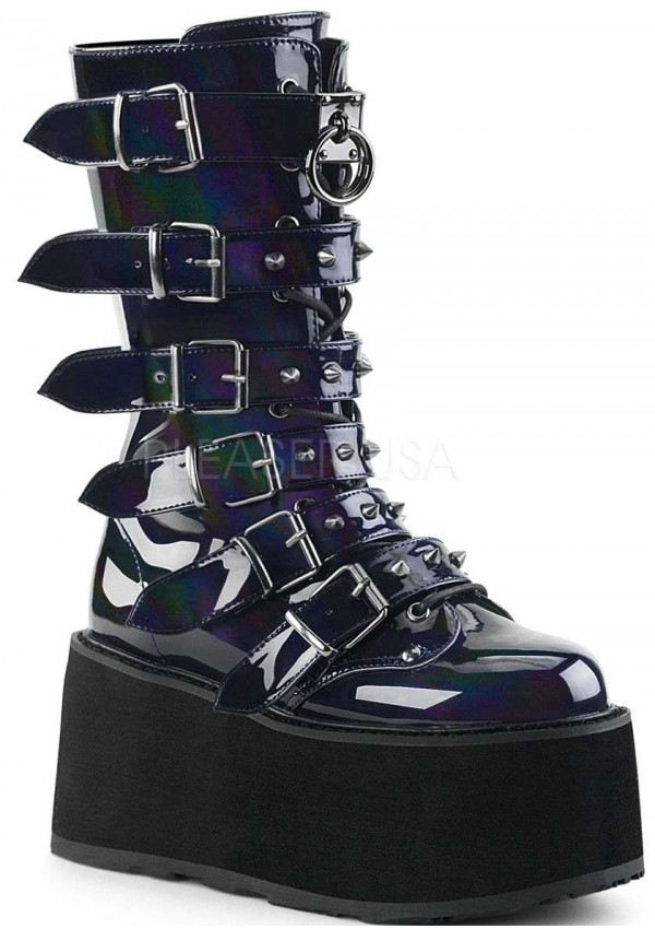 Damned Black Hologram Buckled Gothic Boots for Women