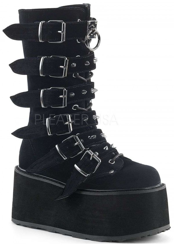 Damned Black Velvet Buckled Gothic Boots for Women