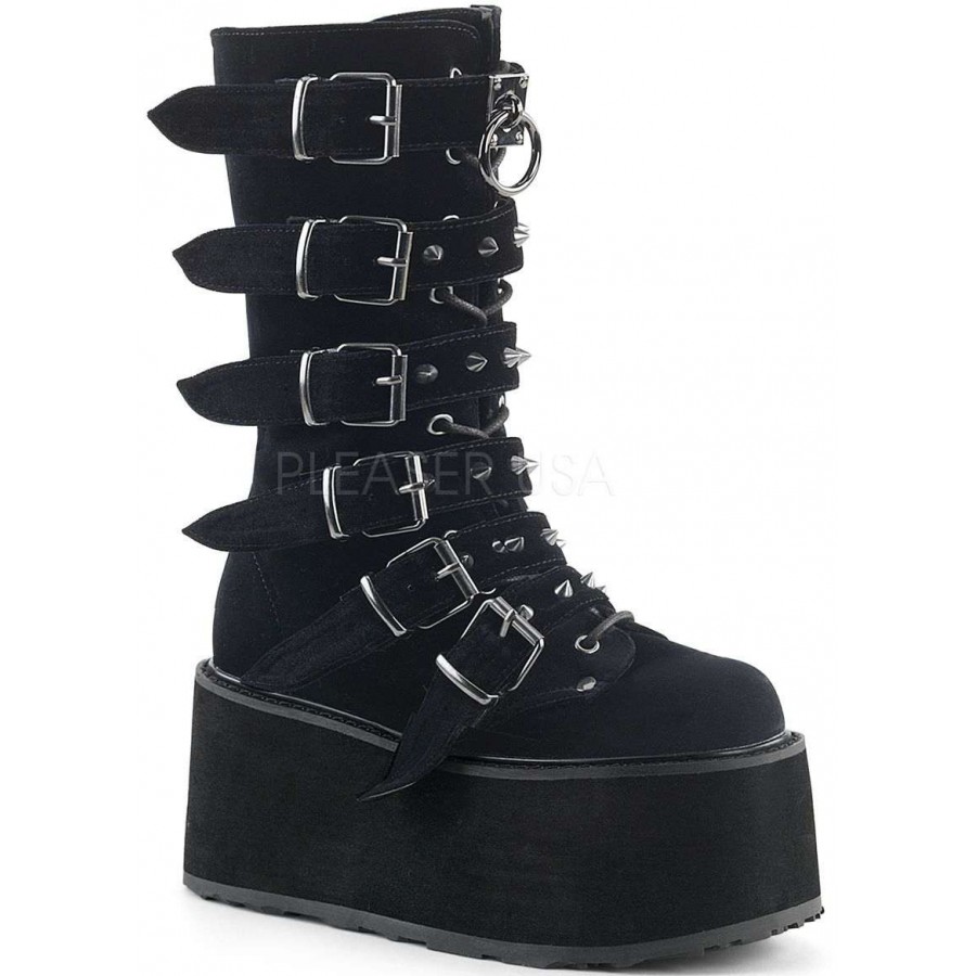 Dag Ironisch T Damned Black Velvet Buckled Gothic Boots for Women| Platform Goth Boots