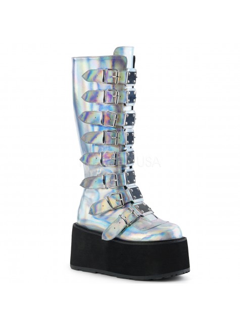 Damned Silver Hologram Gothic Knee Boots for Women