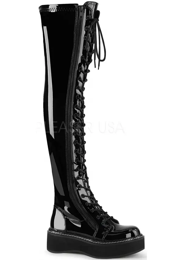 Emily Black Patent Low Heel Thigh High Gothic Boot | Boots for Women