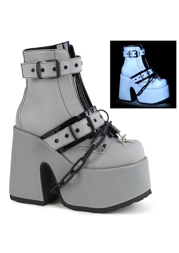 Grey Reflective Chained Camel Chunky Heel Platform Boots