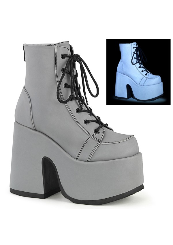 Grey Reflective Camel Chunky Heel Platform Boots