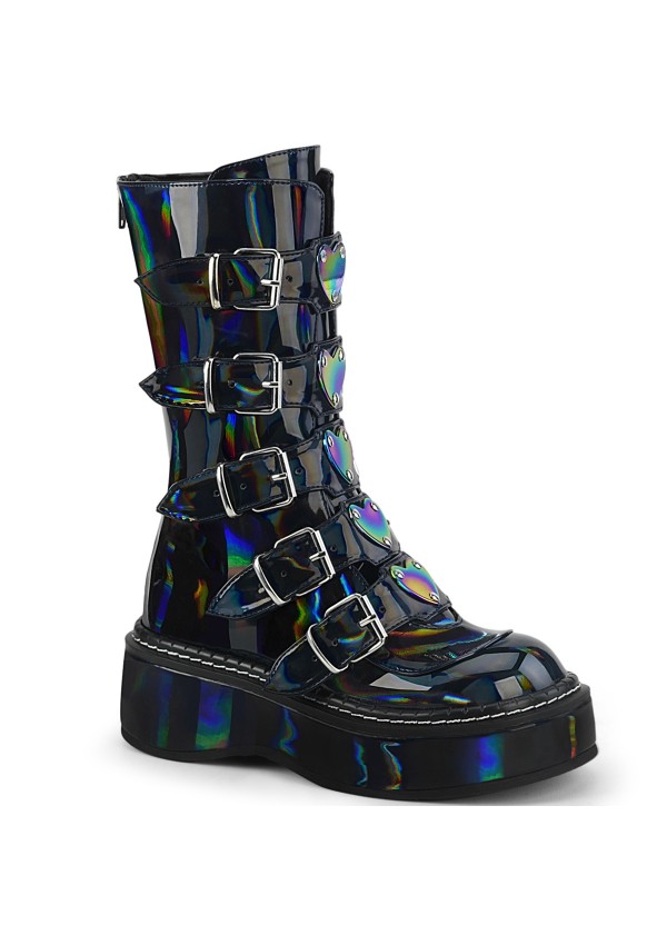 Emily Black Hologram Heart Combat Boots