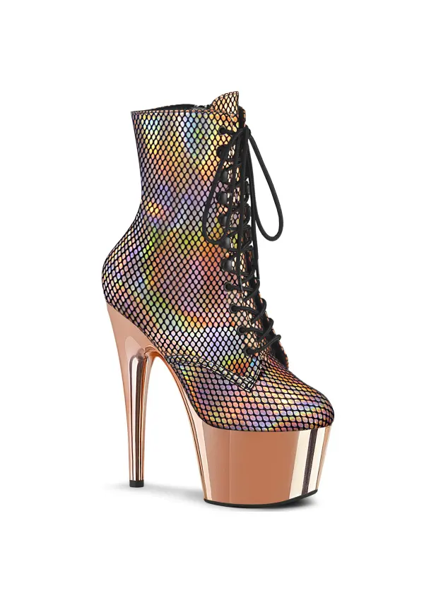 Adore Rose Gold Hologram Fishnet Ankle Boots