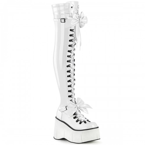 Kera White Patent Platform Thigh High Boots with Bow Gothic Boots for Women