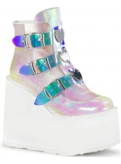 Pearl White Iridescent Platform Wedge Ankle Boots