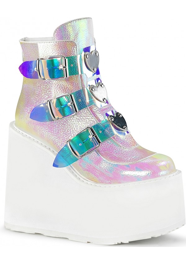 Pearl White Iridescent Platform Wedge Ankle Boots