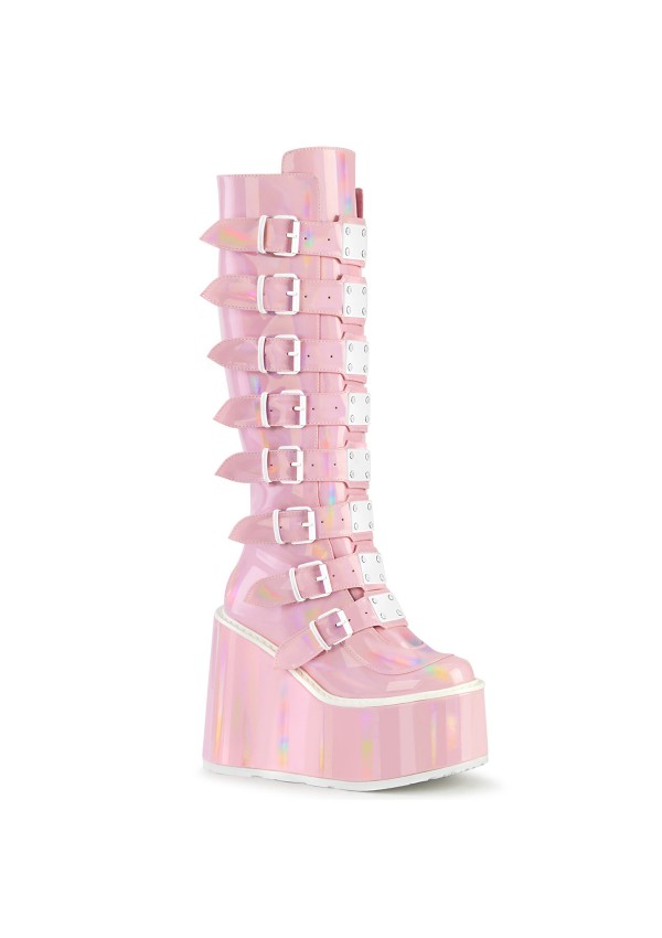 Swing Buckled Pink Hologram Womens Platform Boots