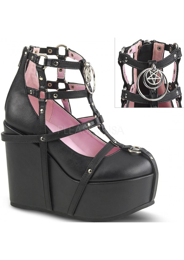 Pentagram Charm Poison Black Cage Wedge Gothic Shoes