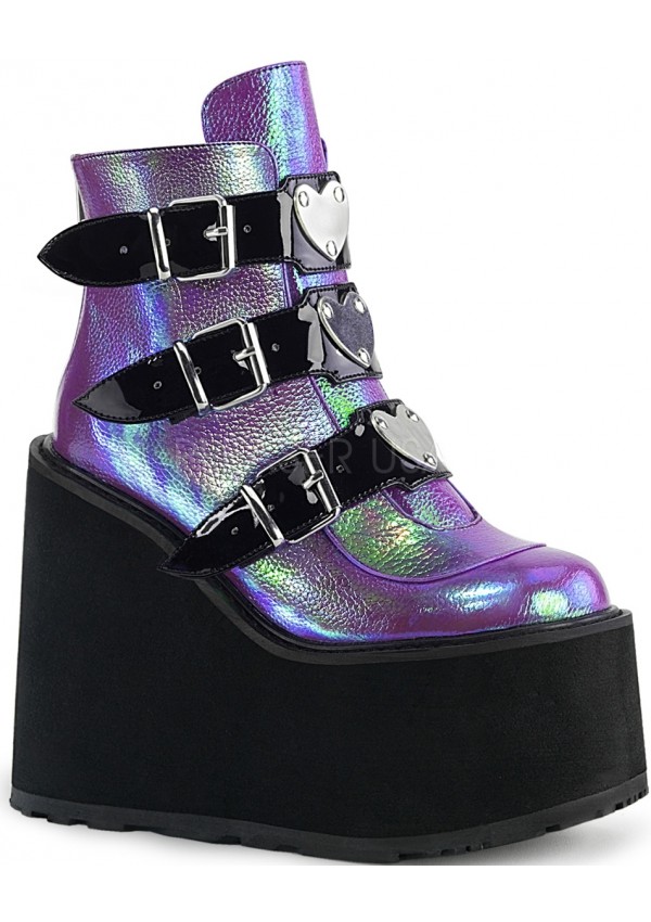 Purple Iridescent Platform Wedge Ankle Boots