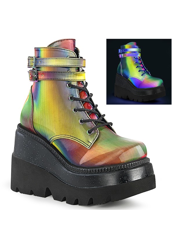 Rainbow Reflective Wedge Heel Womens Ankle Boots