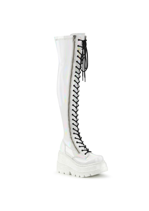 Shaker White Hologram Womens Thigh High Gothic Platform Boots