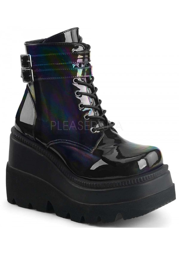 Shaker 52 Lace Up Black Hologram Wedge Ankle Boots