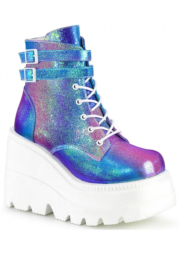 Purple Iridescent Wedge Heel Womens Ankle Boots