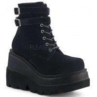 Shaker 52 Black Velvet Stacked Wedge Ankle Boots