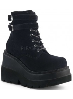 Shaker 52 Black Velvet Stacked Wedge Ankle Boots