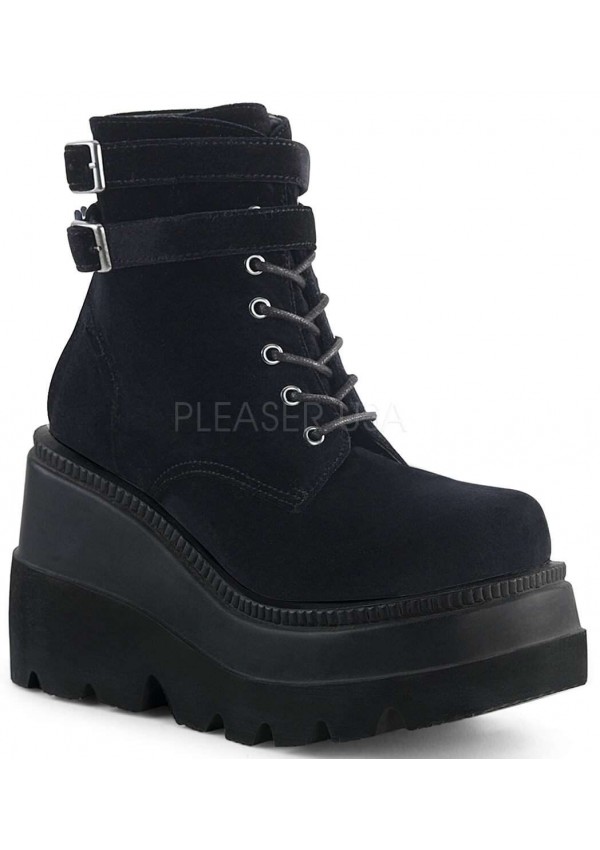 Shaker 52 Black Velvet Stacked Wedge Ankle Boots