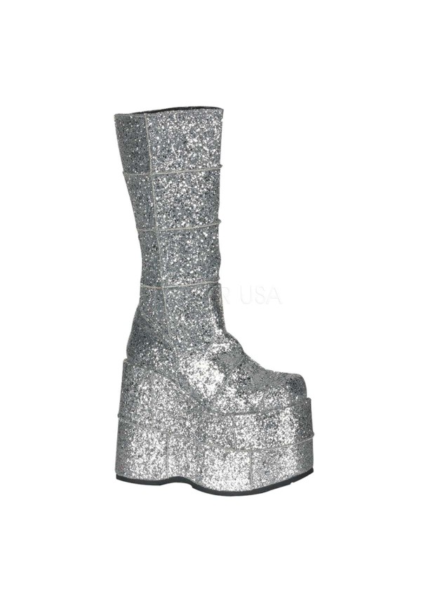 Sllver Glittered Mens Platform Patched Knee Boots