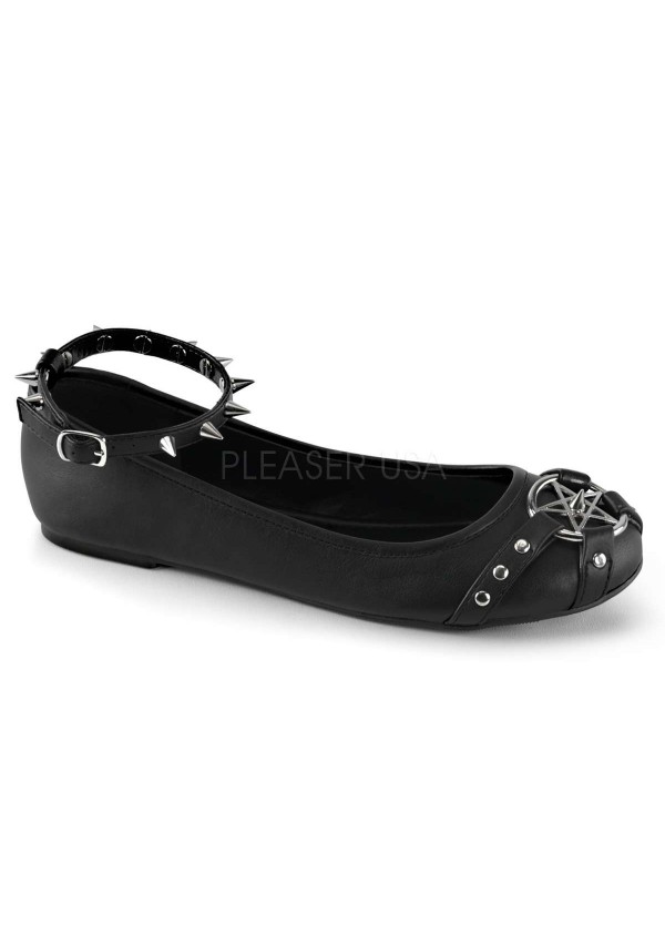 Pentagram Star Black Faux Leather Spiked Ballet Flat