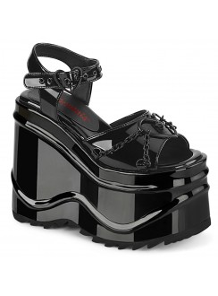 Wave Platform Black Patent Heart Buckled Platform Sandal