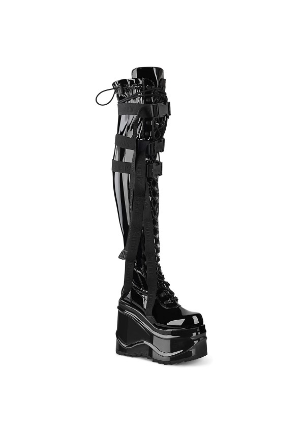 Wave Black Patent Womens Thigh High Gothic Platform Boots
