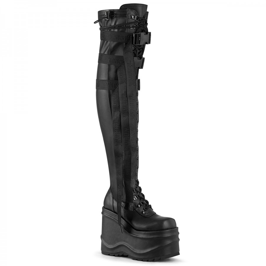 Wave Black Womens Thigh High Gothic Platform Boot with Nylon Straps