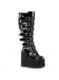 Swing Wide Calf Black Patent Platform Knee Boot