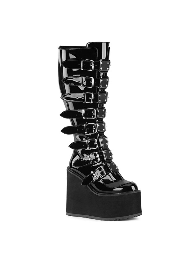 Swing Wide Calf Black Patent Platform Knee Boot