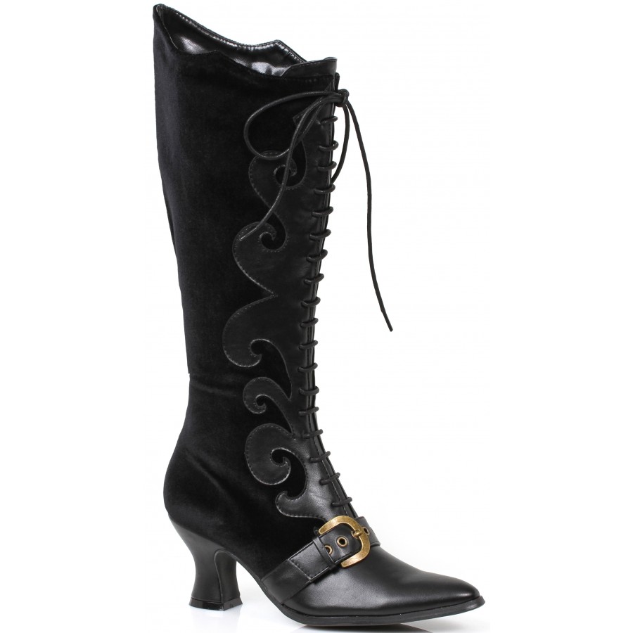 Fain Black Velvet Witches Boot with 2.5 Inch Heel Gothic Boots