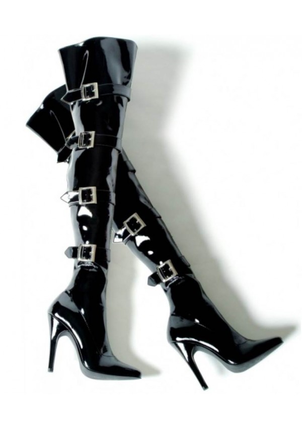 Buckle Up Black Thigh High 5 Inch Heel Boot