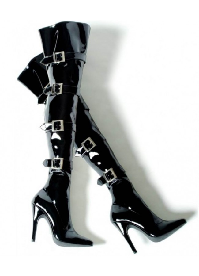 black leather thigh high boots with buckles