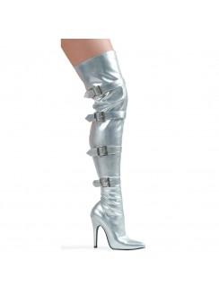 Buckle Up Silver Thigh High 5 Inch Heel Boot