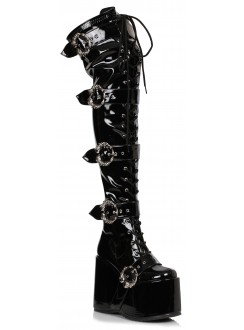 Kamora Skull Buckled Black Thigh High Platform Boot 