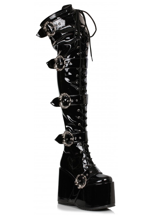 Kamora Skull Buckled Black Thigh High Platform Boot 