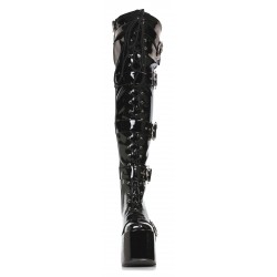 Kamora Skull Buckled Black Thigh High Platform Boot 