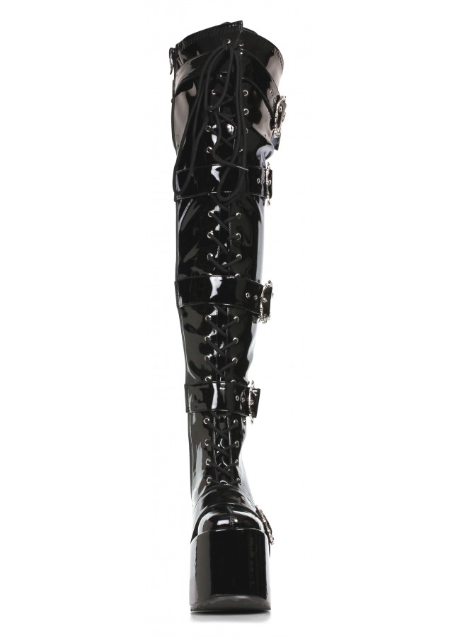 Kamora Skull Buckled Black Thigh High Platform Boot