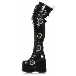 Kamora Skull Buckled Black Thigh High Platform Boot 