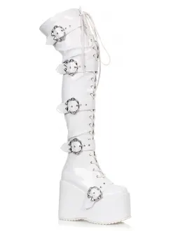 Kamora Bone Buckled White Thigh High Platform Boot 