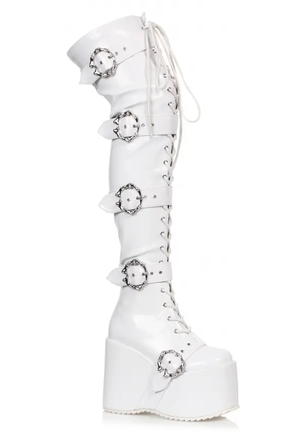 Kamora Bone Buckled White Thigh High Platform Boot 