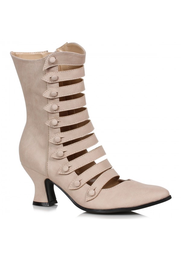 Victorian Open Front Low Heeled Ankle Boots - Beige