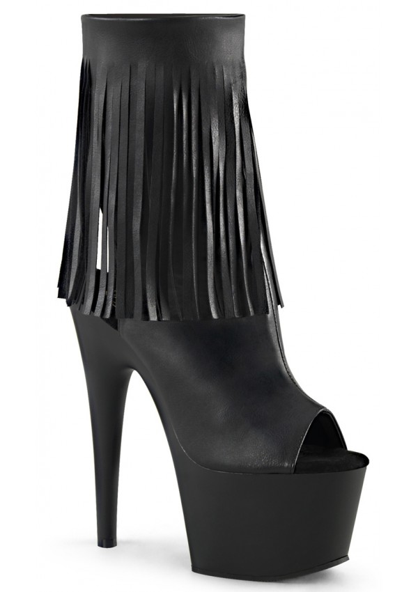 Fringed Black Peep Toe and Heel Platform Ankle Boots