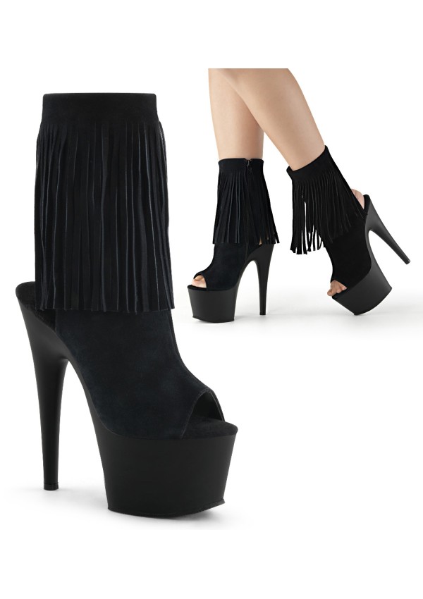 Fringed Black Suede Peep Toe and Heel Platform Ankle Boots