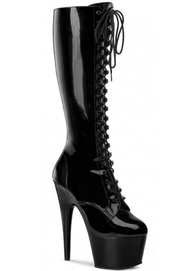 black pu patent double sole knee high lace up boots