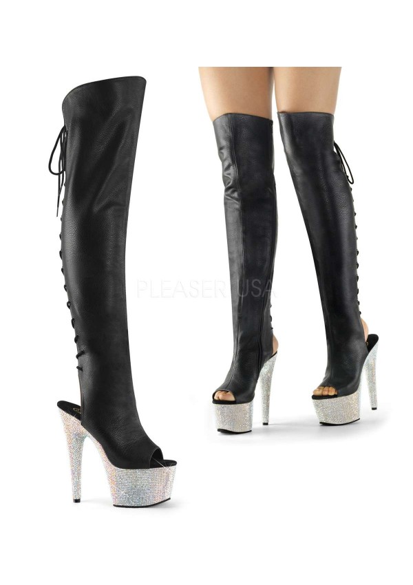 Bejeweled Black Peep Toe and Heel Thigh High Platform Boots