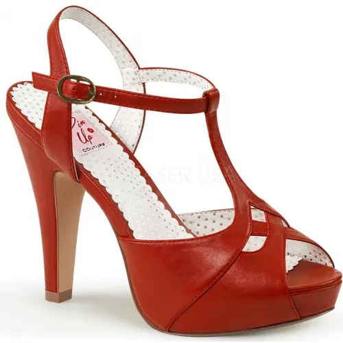 Red Bettie-23 Peep Toe Vintage T-Strap Sandals - Vintage Pin Up Shoes