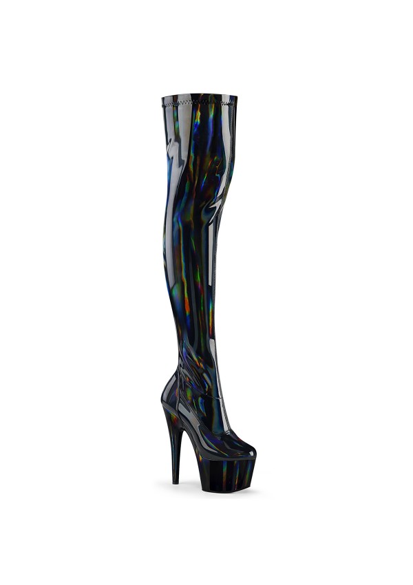 Adore Black Hologram Thigh High Faux Patent Leather Boots