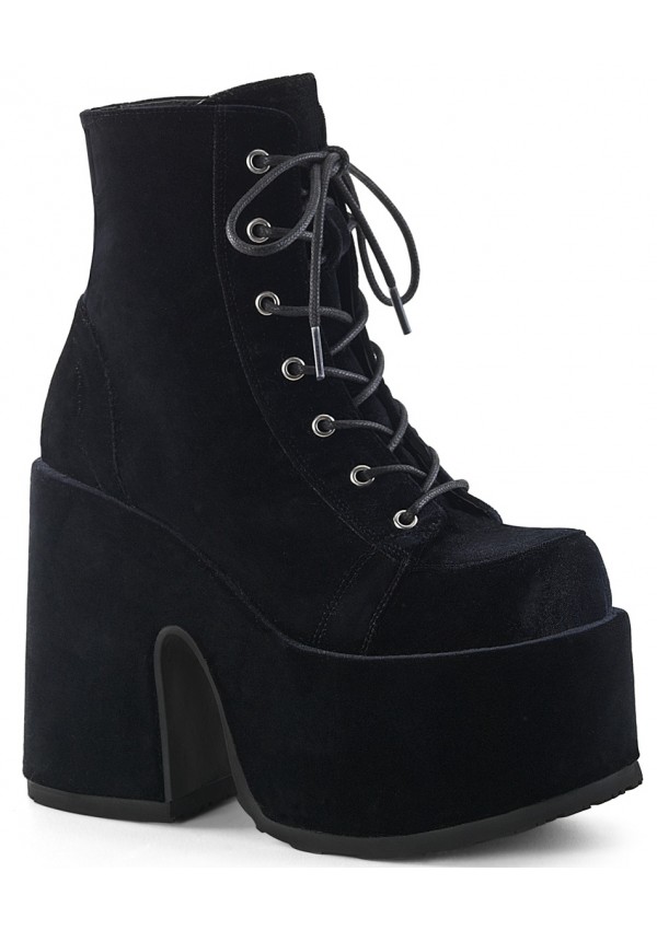 Black Velvet Camel Chunky Heel Platform Boots